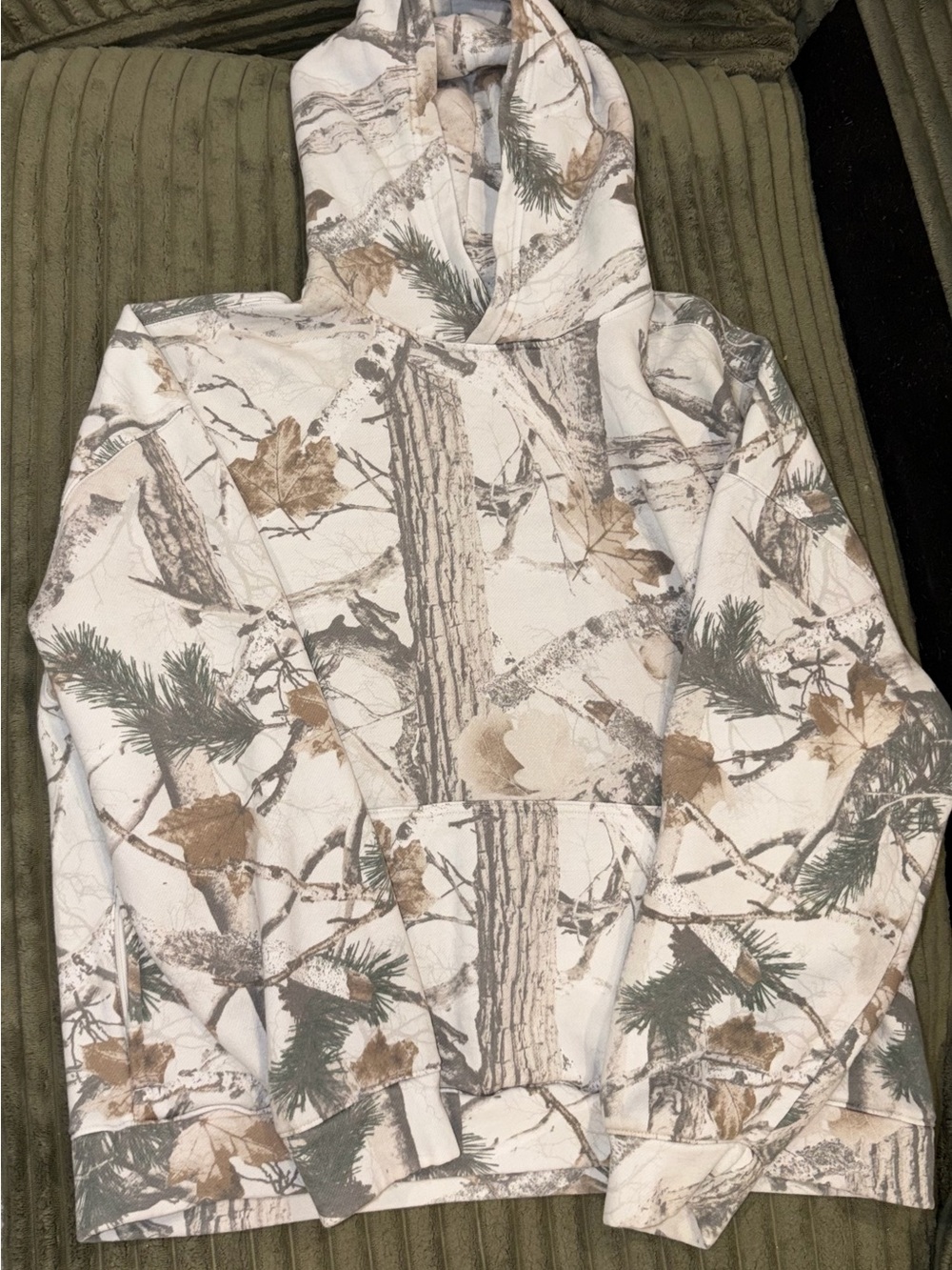 Hollister White Woodland Camo Hoodie with Tan & Green Accents
